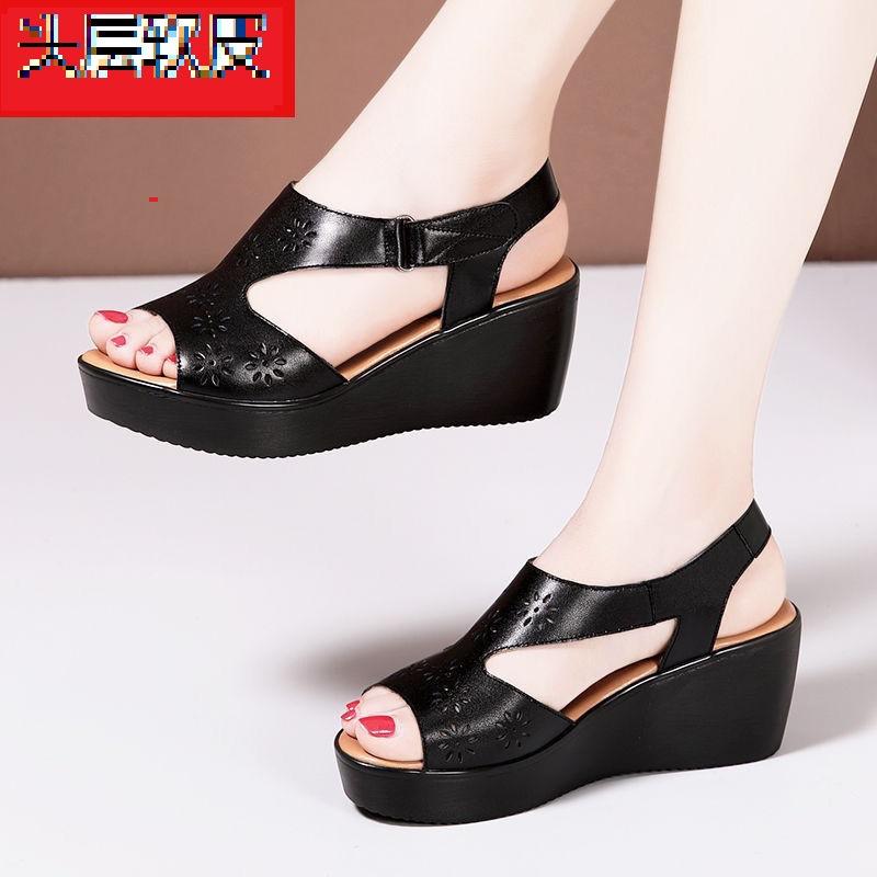 Женские летние сандалии на танкетке из натуральной мягкой кожи, на толстой подошве, с вырезом «рыбий рот», водонепроницаемые, на платформе, с мягкой подошвой, обувь для мамы, на липучке