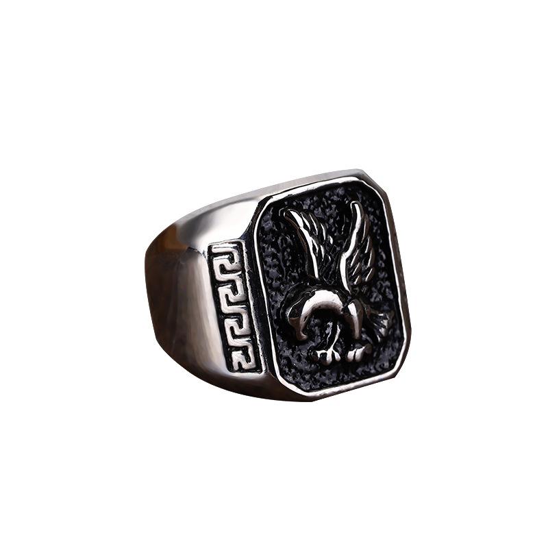 Eagle Ring Men's Titanium Steel Silver Black Retro Stainless Steel Ring Square Animal Ring