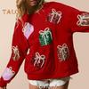 Women Christmas Sweatshirt Sequin Gift Box Pattern Colorful Round Neck Long Sleeve Loose Mid Length Pullover Party Holiday Top