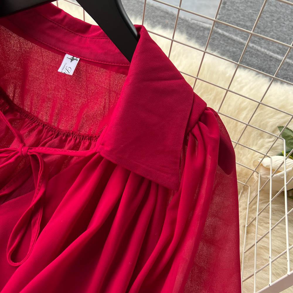 Французские шикарные платья макси для женщин с отложным воротником и рукавами-фонариками, женское летнее платье на шнуровке, женское летнее платье трапециевидной формы, Прямая поставка