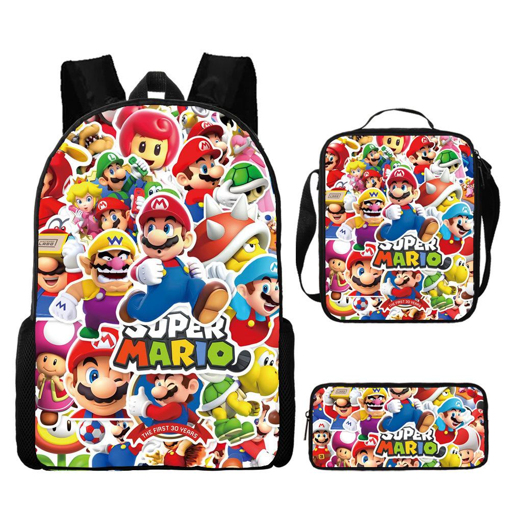 New Super Mario Trend Backpack Retro Mario Schoolbag 3-Piece Set with Pencil Case