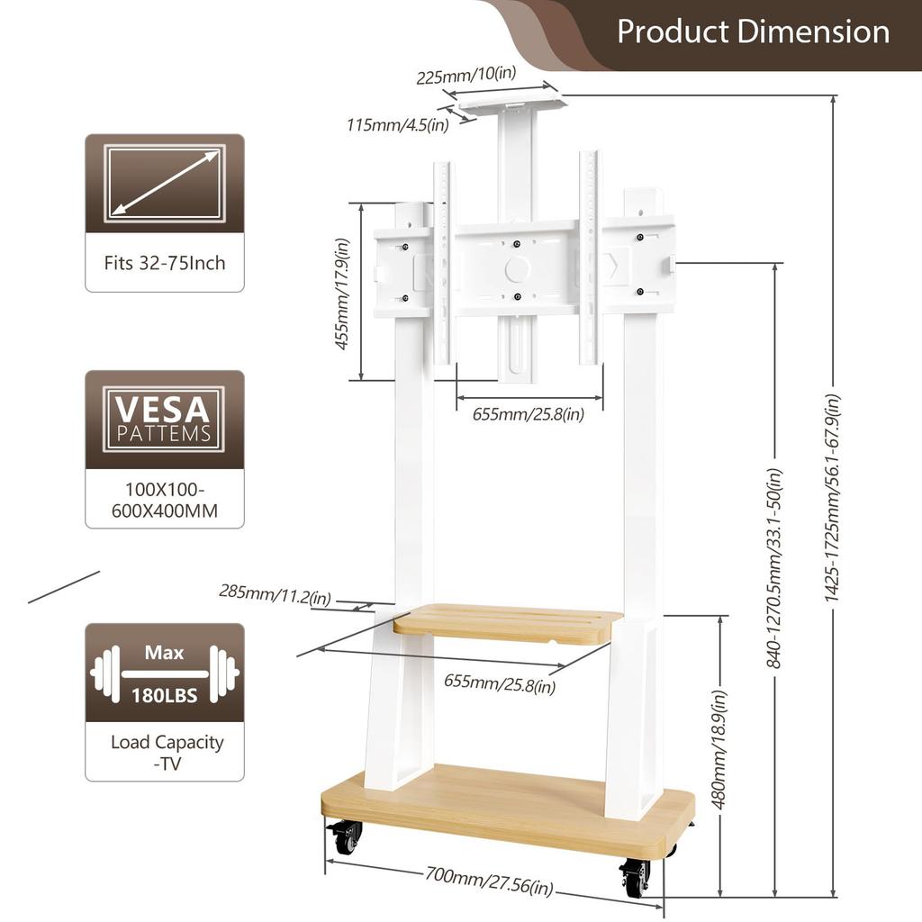 Mobile TV Cart for 32-75 Inch Screens, Movable Rolling Floor TV Stand with Shelf Locking Wheel, Height Ajustable Heavy-Duty