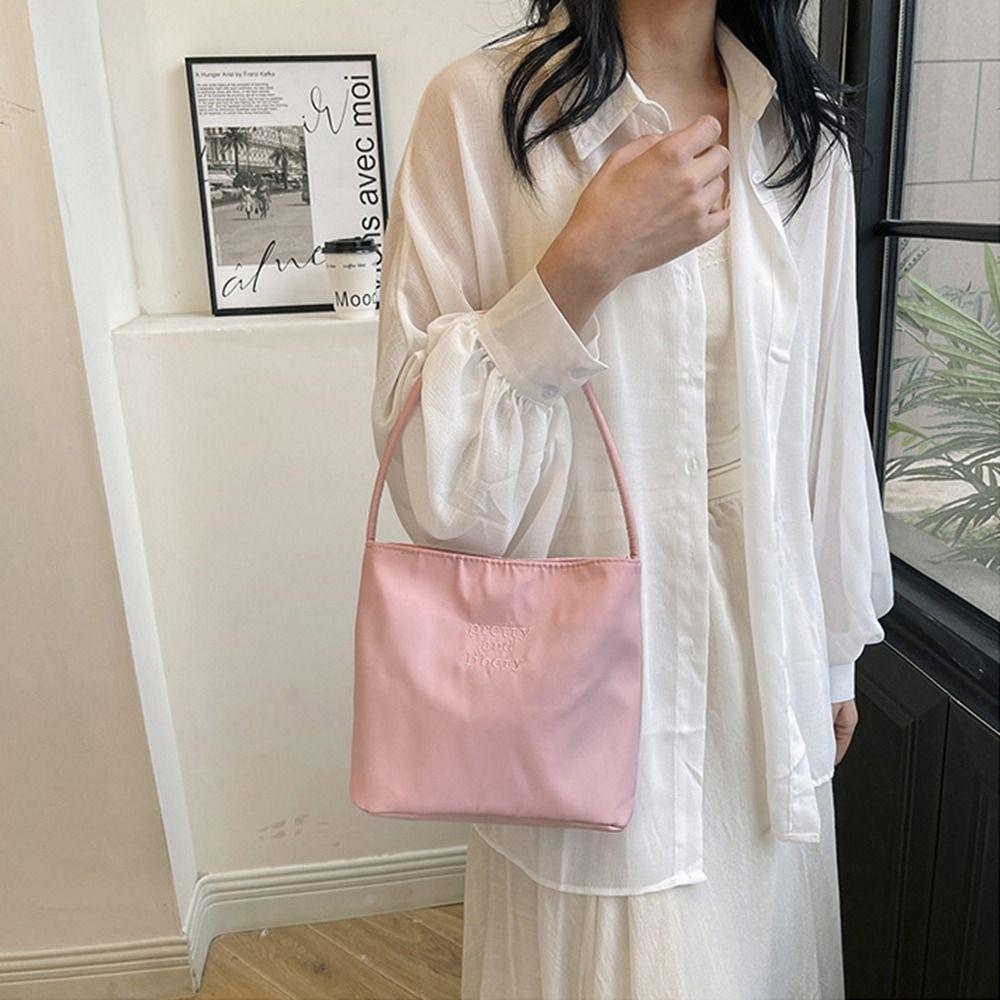 Tote Bag Embroidery Shoulder Bag Handbag Nylon Bucket Bag Portable Letter Underarm Bag Travel