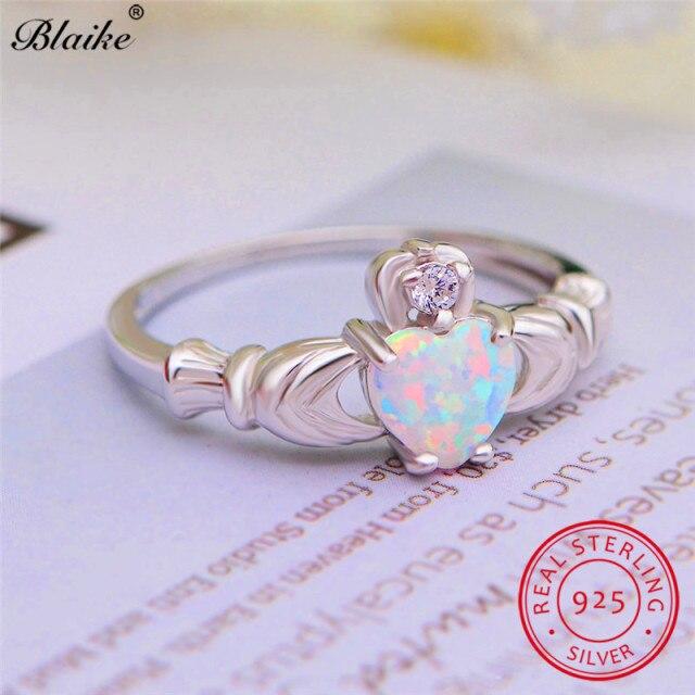 Real S925 Sterling Silver Claddagh Ring Cute Love Heart Crown Rings For Women Wedding Bands Blue White Fire Opal Ring Jewelry Cz
