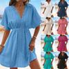 2025 New Solid Colors V Neck Lace Short Sleeve Tunic Beach Cover Up Cover-ups Beach Dress Beach Wear Beachwear Female Women