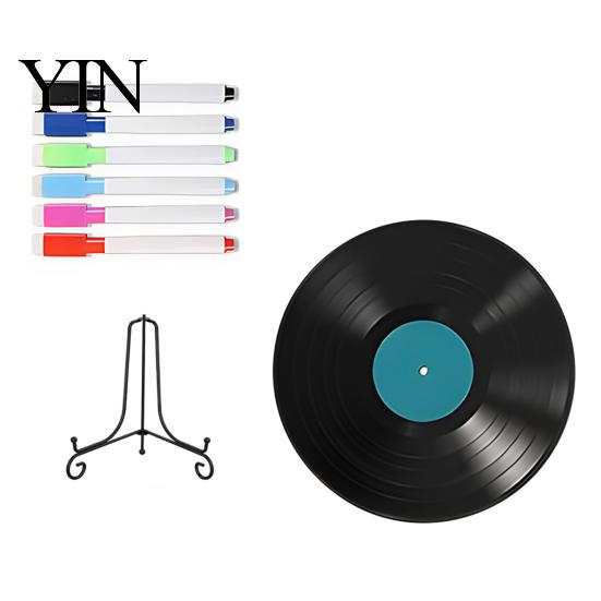 Reusable Drawing Surface Vinyl Record DIY Graffiti Clock Ornament, Blank Acrylic Retro Tabletop Wall Desktop Display Stands Decor with Stand,