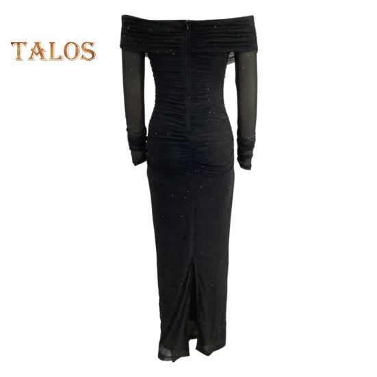 Женское вечернее платье с открытыми плечами, длинными рукавами, сетчатое, пэчворк, плиссированное, с крестом, бандо, облегающее, для выпускного, свадьбы, вечеринки, коктейльного макси-платья