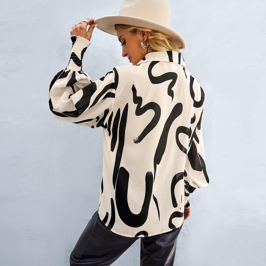 Spring Autumn Woman's Blouse Shirt POLO Collar In Contrasting Color Printed Long Sleeve Loose Casual Tops