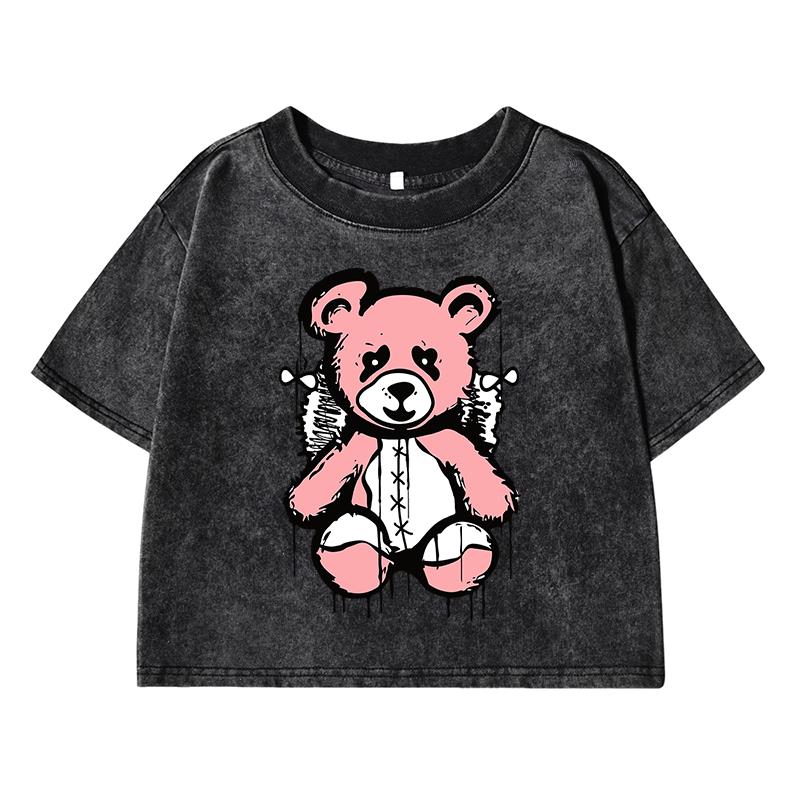 Lovely Puppet Bear Print Female Washed Short Tshirts Breathable T-Shirts Summer Soft Clothes Loose Distress Tshirts Women