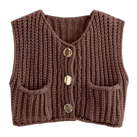 Женский свитер-жилет с V-образным вырезом, без рукавов, на пуговицах, кардиган с карманами, однотонный, свободный крой, вязаный крючком топ