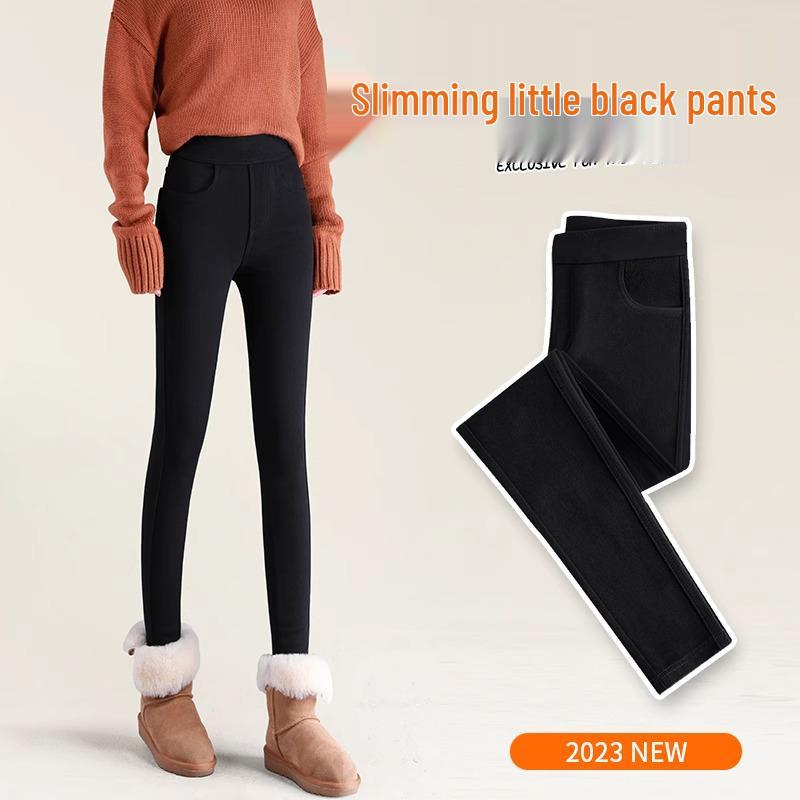 Женские зимние черные леггинсы на флисовой подкладке - Толстый хлопок из овечьей шерсти, Облегающий крой, Стиль осень/зима 2025