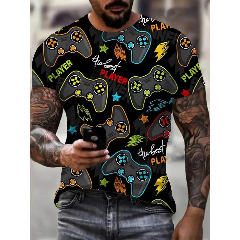 3D Digital Print Men's Casual Vibrant Neon Game Controller Design T-Shirt New In Crew Neck Short Sleeve Gamer T Shirt For Men