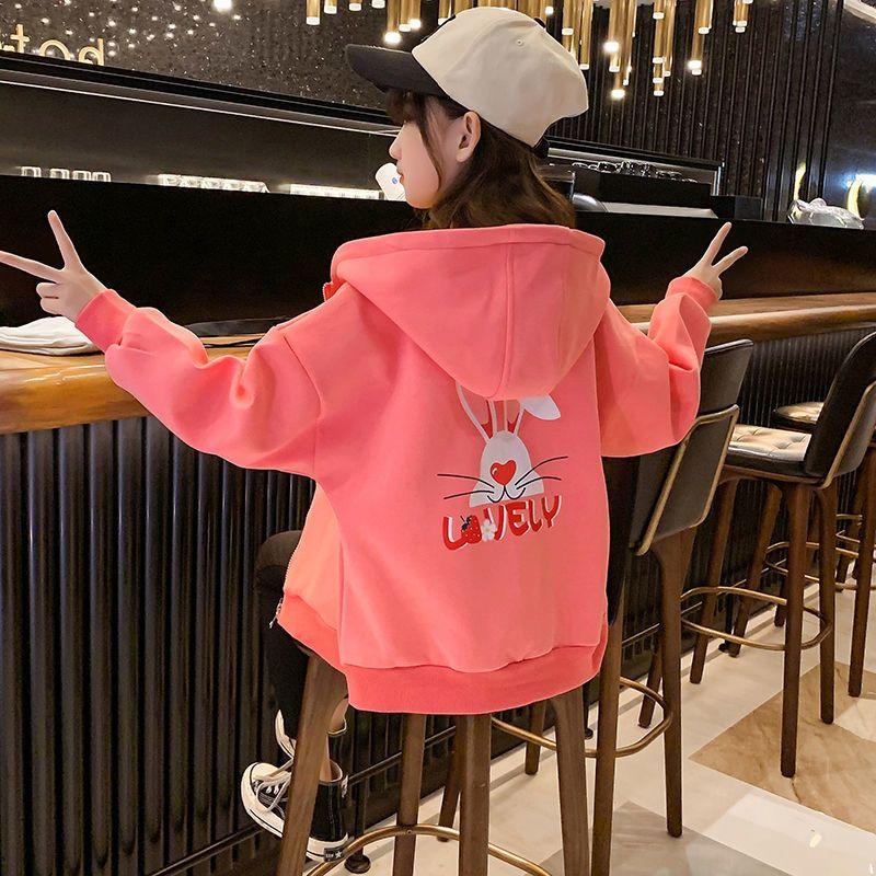 Girls' Rabbit-Printed Hooded Cardigan: Stylish and Casual Fall Jacket for Kids