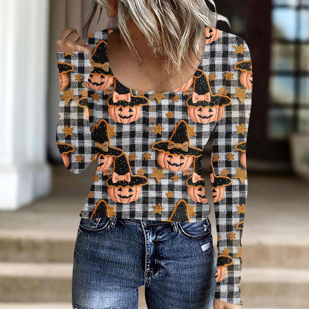 Женский модный повседневный свитер с длинными рукавами и принтом на пуговицах в стиле Хэллоуина