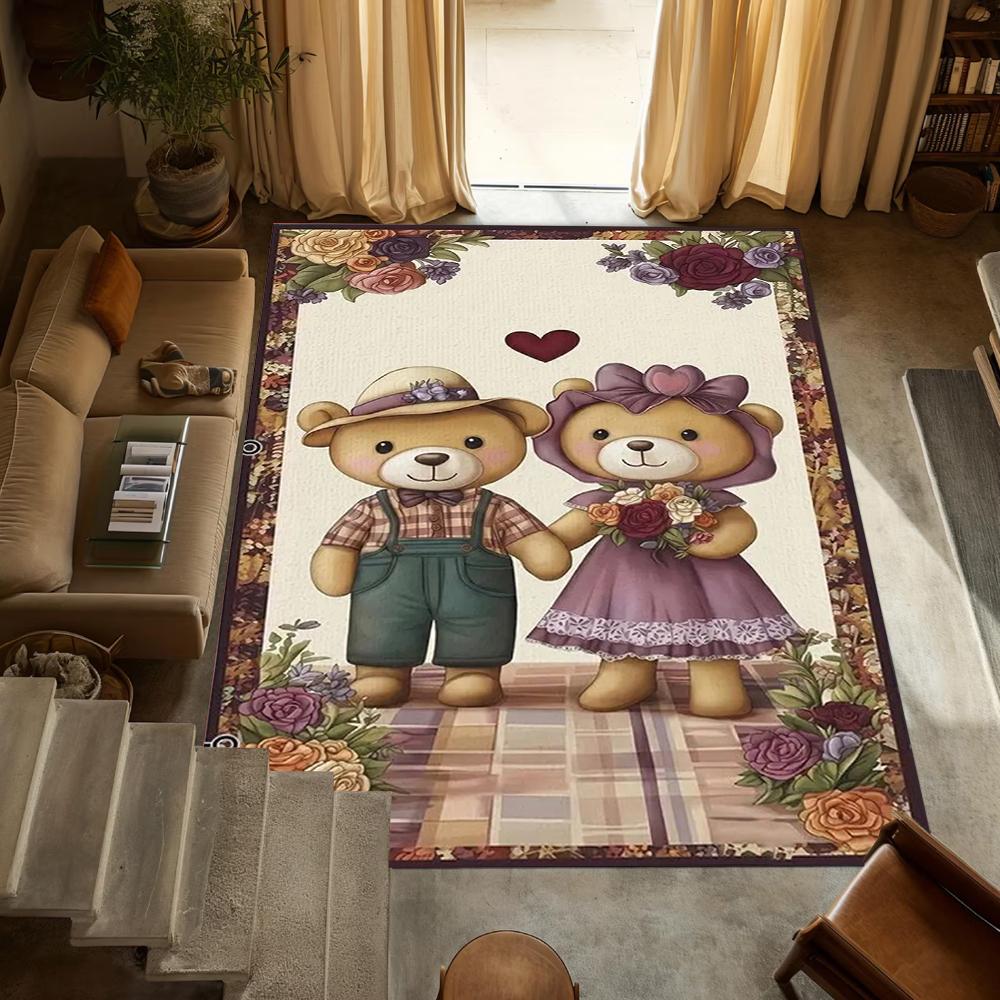 Valentine's Day Carpet Love Flower Cat Bear Printed Decorative Door Mat Entrance Living Room Bedroom Festive Atmosphere Rug