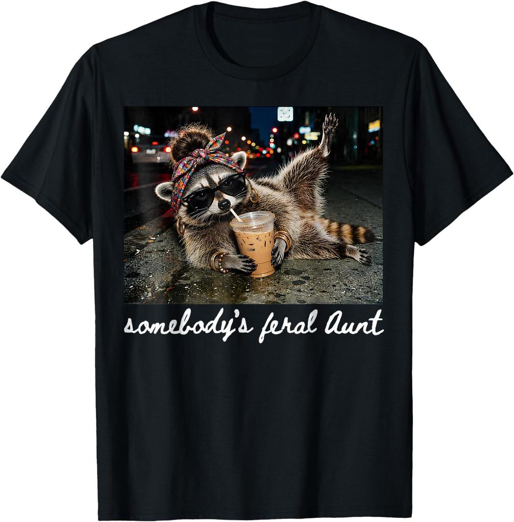 Somebody's Feral Aunt Raccoon Iced Coffee Sarcastic Animal T-Shirt