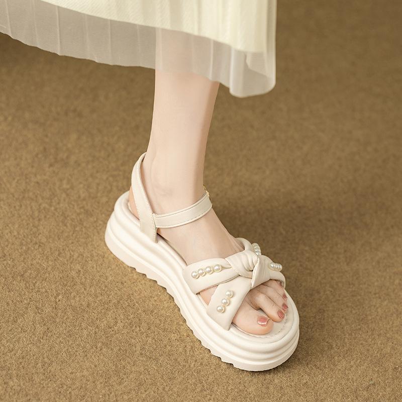 Thick-soled Bow-tie Sandals Female Summer New Fairy Wind Pearl One-word Buckle with Muffin Beach Sandals