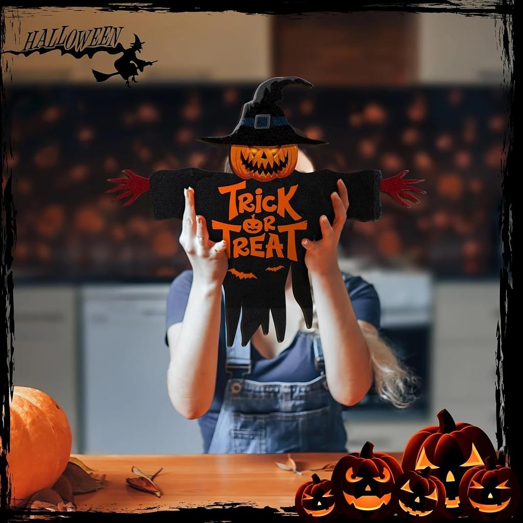 2D Halloween Trick-or-Treat Wooden Sign Monster Face Pumpkin Design Rope Hanger Porch Wall or Halloween Garden Party Decora