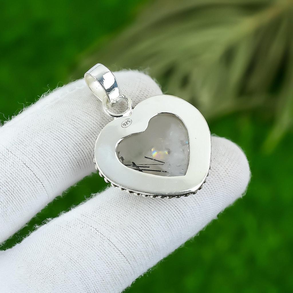 Natural Black Rutile Gemstone Pendant 925 Sterling Silver Jewelry For Women