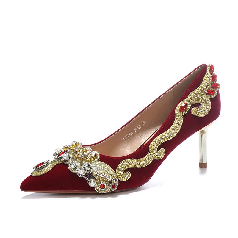 Замшевый тонкий каблук светлый рот свадебные туфли горный хрусталь красные высокие каблуки женская одежда для показа женская обувь продвинутый смысл