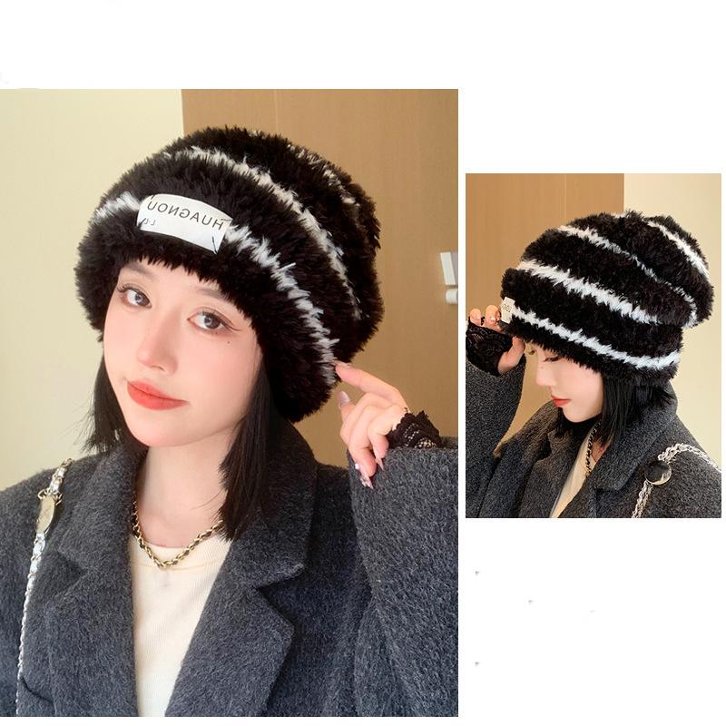 Шапка женская зимняя полосатая плюшевая вязаная шерстяная шапка теплая защитная крышка для ушей