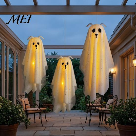Playful Ghost for Indoor Parties 3 Pcs Lighted Dog Hanging Ornaments, Spooky Halloween Outdoor Flying Floating Decor Gauze with LED Light Tree
