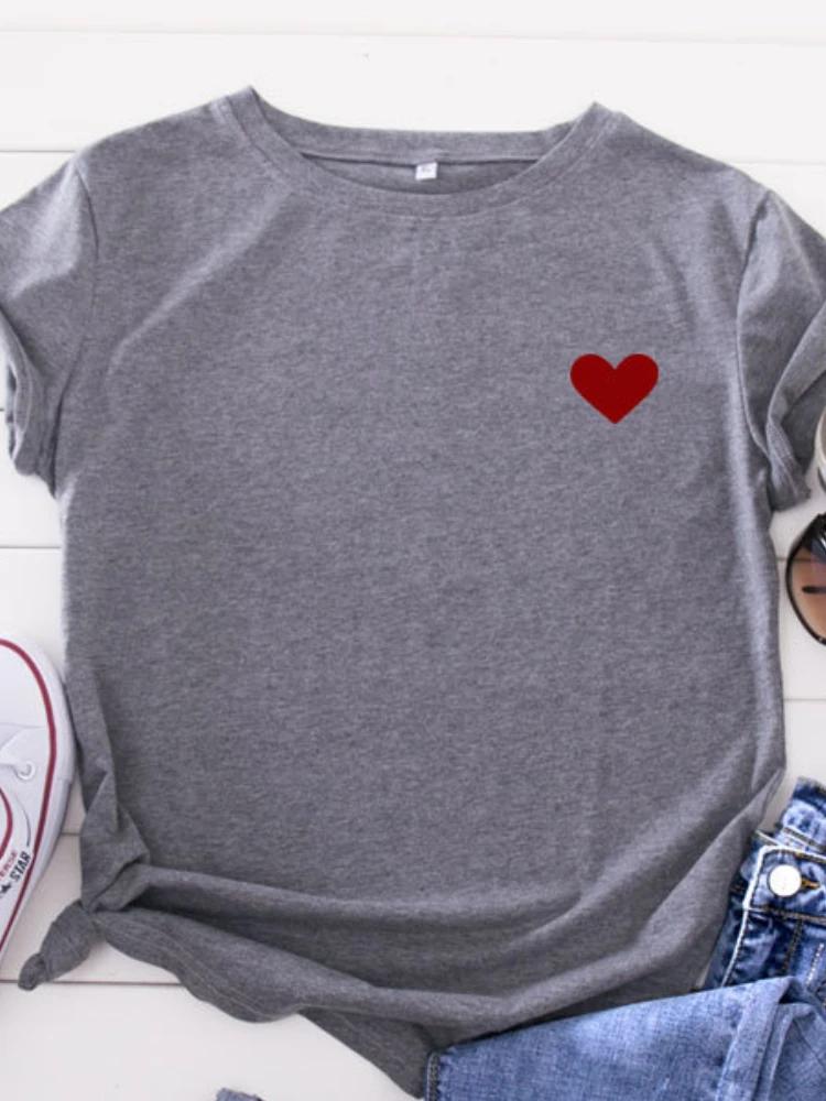 На груди маленькая красная сердечко принт футболка женская короткий рукав O-образный вырез свободная футболка летняя женская футболка топы Camisetas Mujer