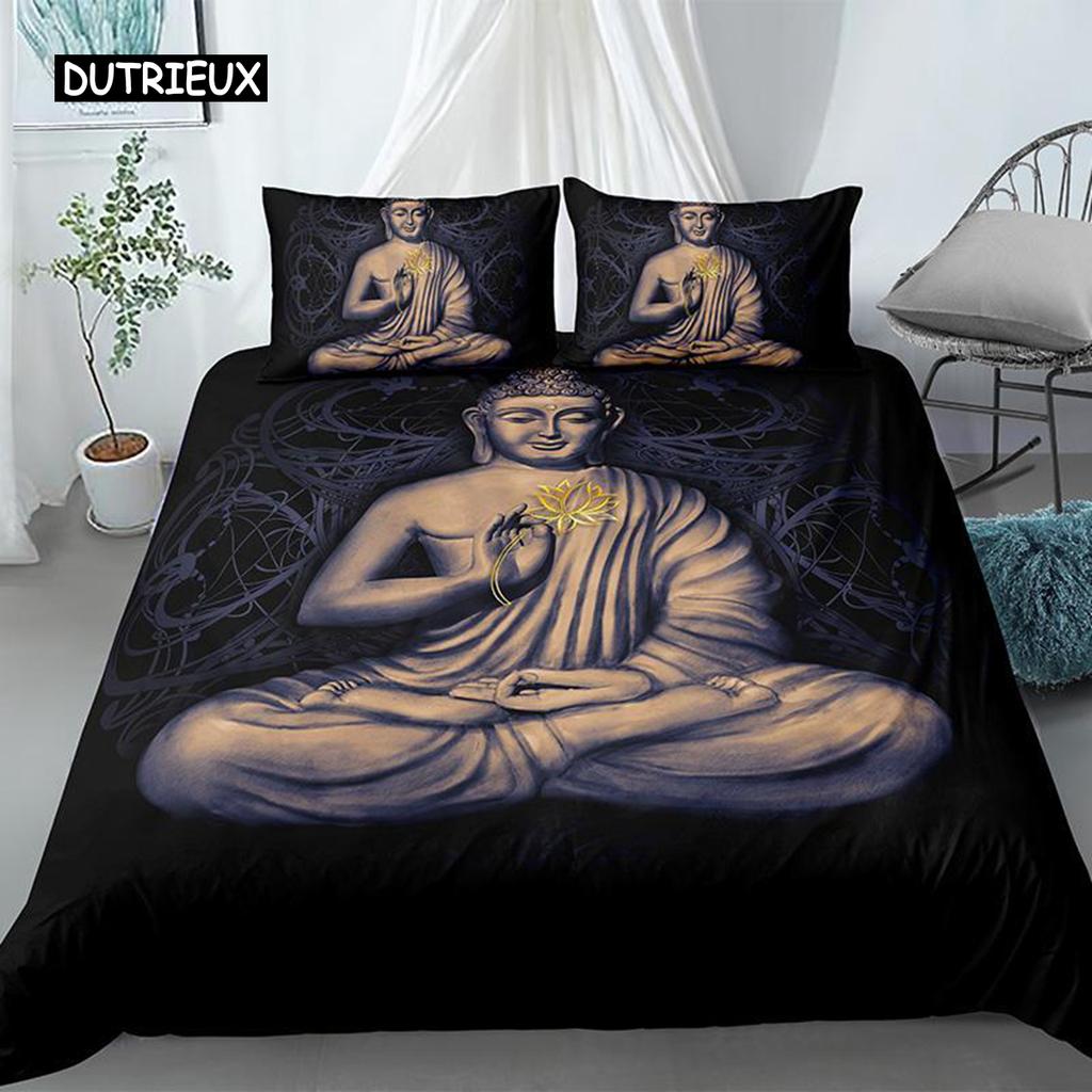Mandala Buddha Duvet Cover Set,Bohemian Bedding Set Golden Black Lotus Flowers Print Luxury Microfiber Polyester Comforter Cover