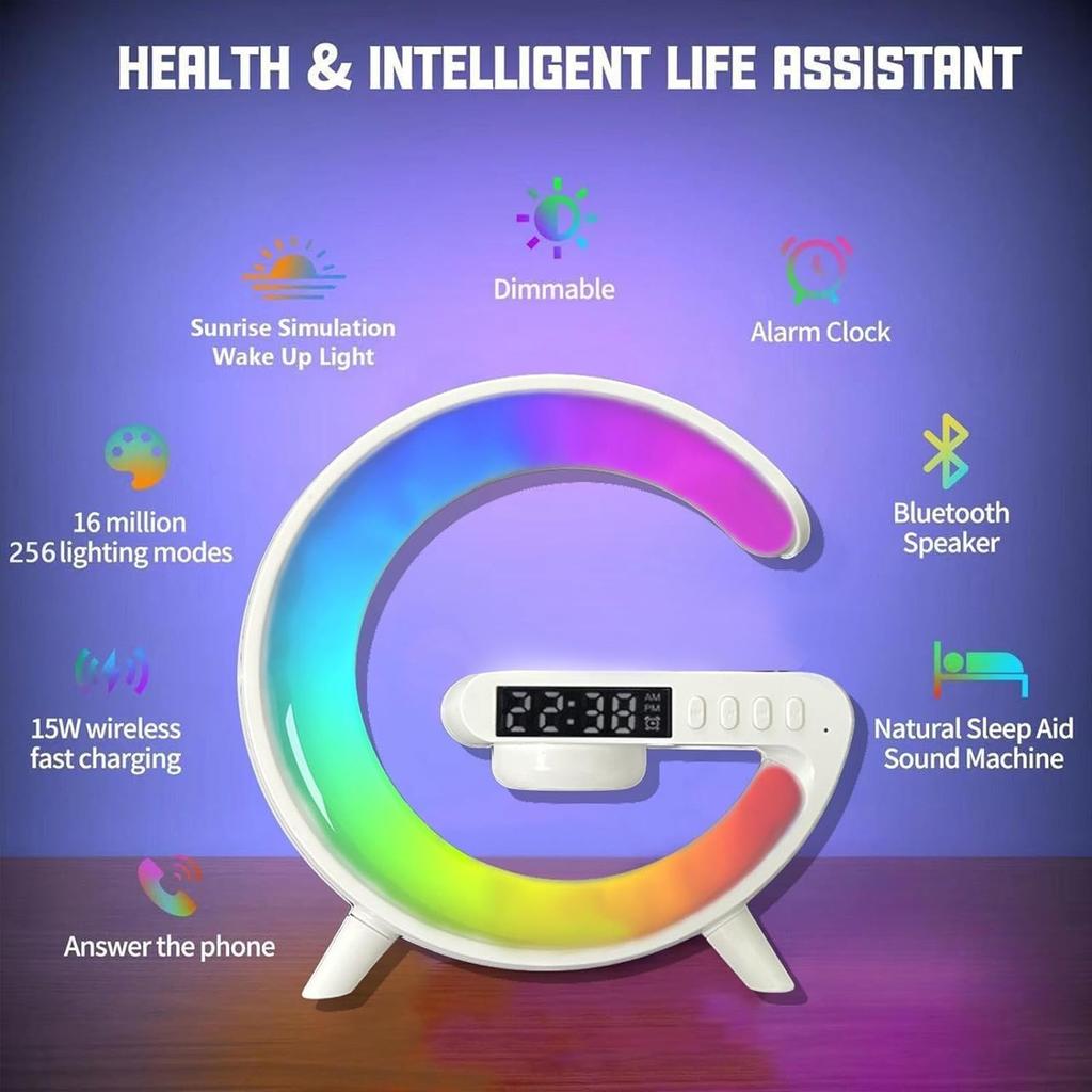 Модернизированное зарядное устройство для беспроводной колонки, беспроводная зарядная станция мощностью 15 Вт, настольная лампа 4 в 1 в форме буквы G, будильник и динамик Bluetooth