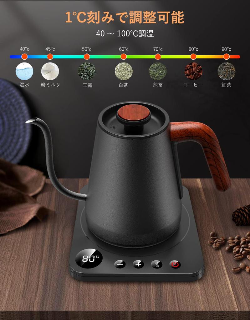 Электрический чайник HAGOOGI, кофейник 1200 Вт, регулировка температуры, удержание, предотвращение кипения, узкий горлышко, капельница 1,0 л (Шаг изменения 1℃)/Нагревать