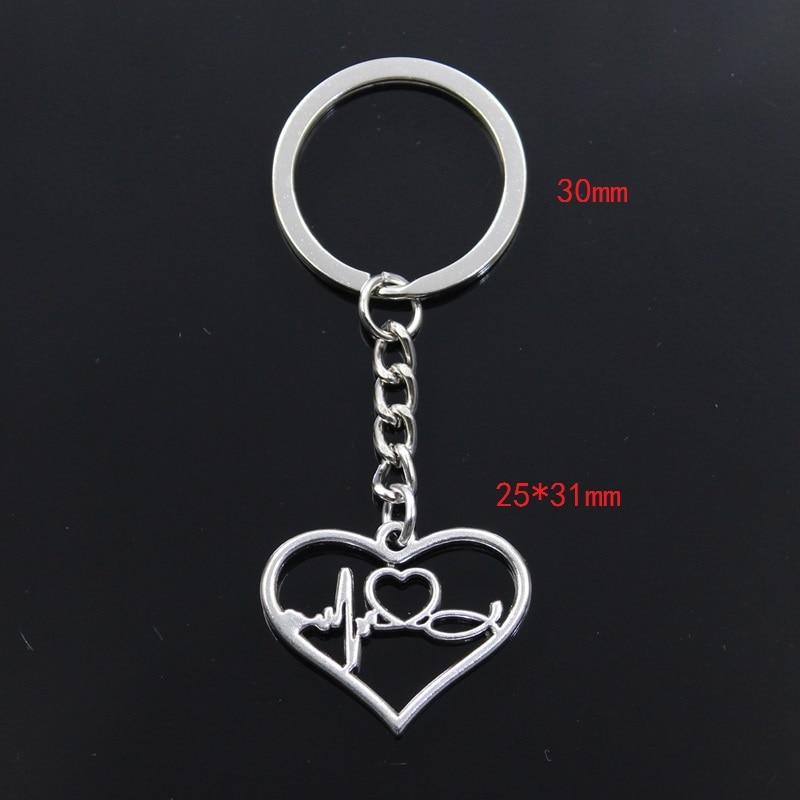 Fashion Keychain 25x31mm Heart ECG Heartbeat Love Silver Color Pendants DIY Men Jewelry Car Key Chain Ring Holder Souvenir Gift