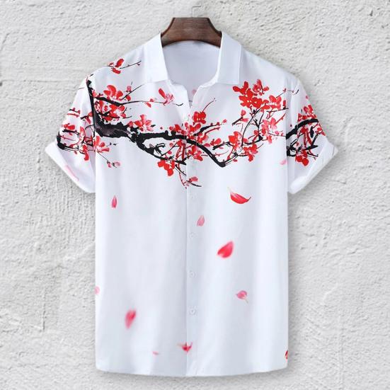 Men Shirt Cardigan Contrast Color Chinese Style Ink and Wash Painting Plum Blossom Summer Top Daily Clothes