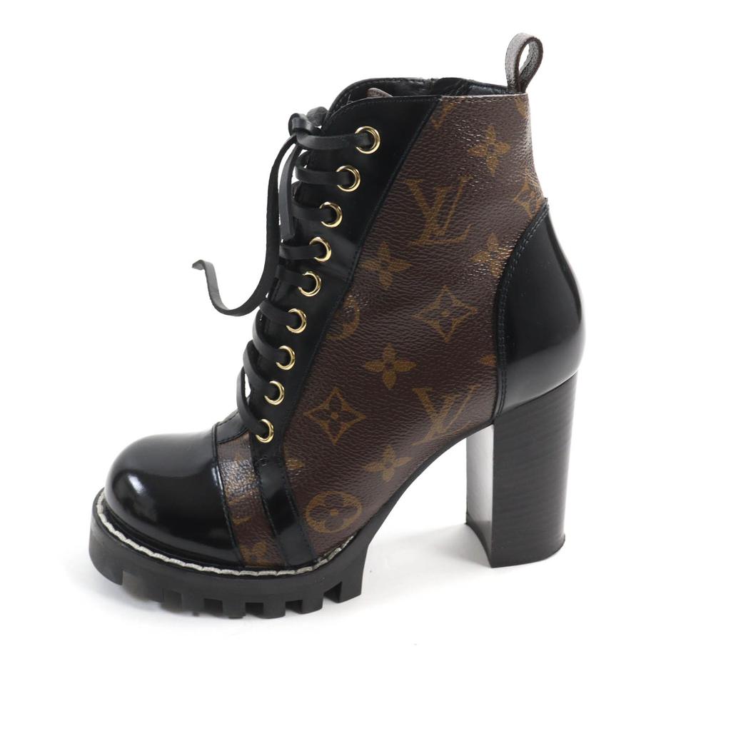Excellent LOUIS VUITTON Ankle boots Lace Up Brown black Monogram canvas Women 35 Used