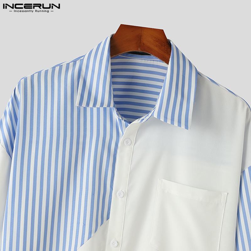 INCERUN Men Turn Down Collar Long Sleeve Buttons Tops Casual Striped Patchwork Shirts