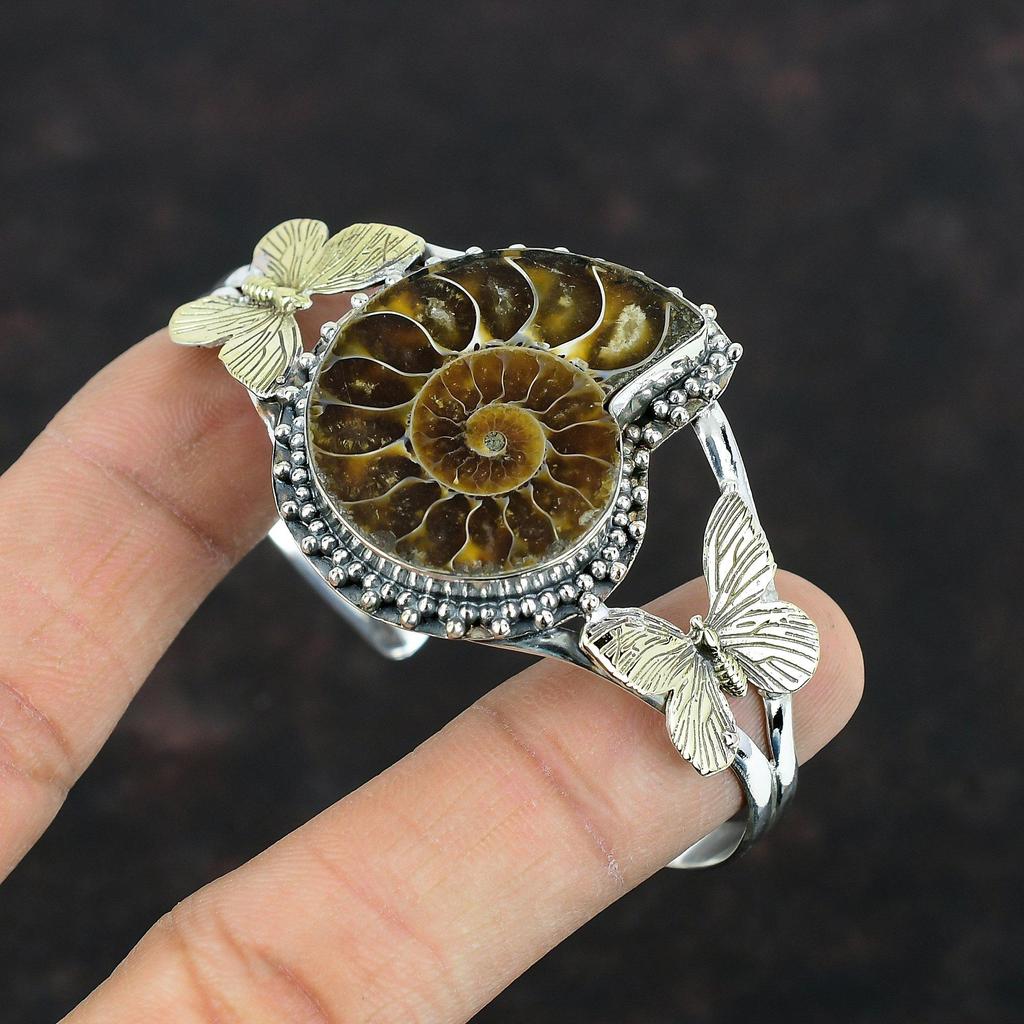 Ammonite Fossil Gemstone Cuff Bracelet 925 Sterling Silver Bangle 18K Gold Plated Butterfly Bangle Handmade Adjustable Cuff Gifts For Women