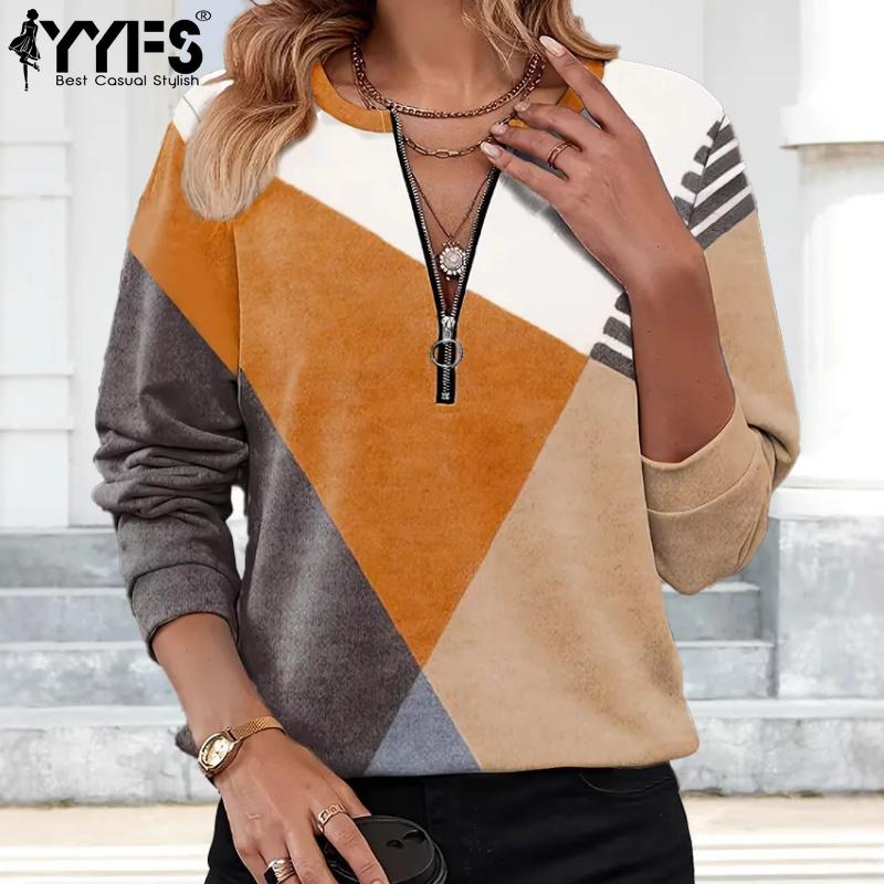 YYFS Женская мода повседневная весна осень геометрический принт длинный рукав О-образный вырез блузки и рубашки