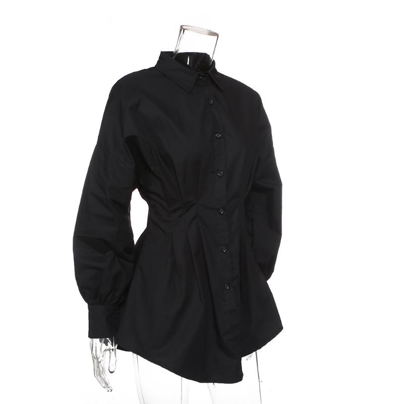 Женское платье-рубашка, офисное женское мини-платье с длинными пышными рукавами и v-образным вырезом, высокой талией, однотонное белое, черное, рубашка-туника с определенной талией