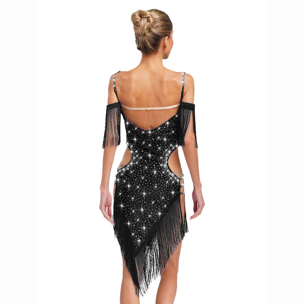 Женский костюм для латиноамериканских танцев, открытая спина, вырезы, бретели-спагетти, бахрома, платье со стразами