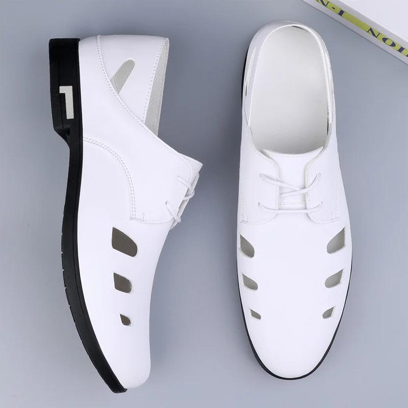 Fashion Summer Breathable Soft Soled Sandals White Hollow Lace Up Oxford Shoes for Men Brand High-quality Pointed Business Leather Shoes