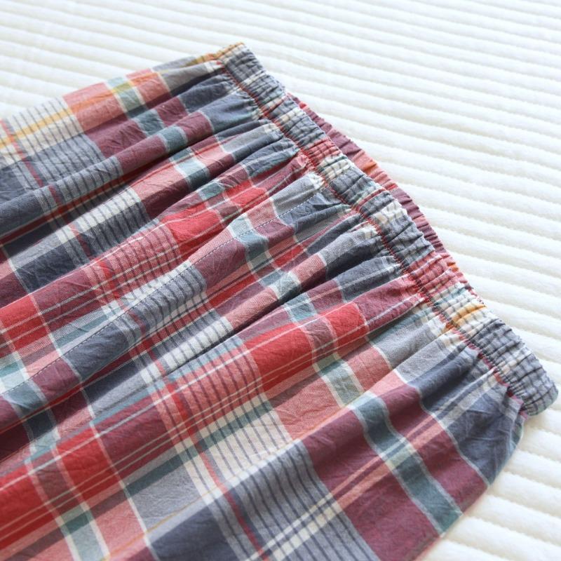 Весна / Осень Простая Пижама из стираного хлопка, женские брюки с длинными рукавами, домашняя одежда, свободный повседневный комплект из 2 предметов в клетку с лацканами