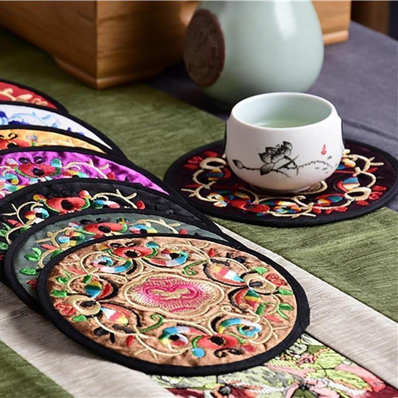 1PC Oriental Style Embroidery Cloth Mug Cup Coasters Table Decoration Restaurant Cafe Supplies