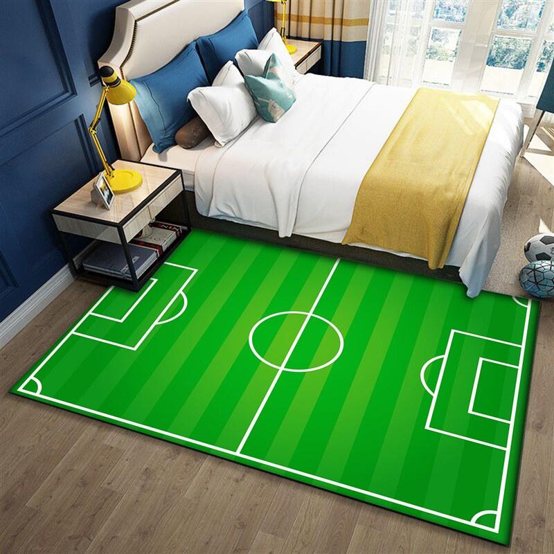 VIKAMA Kids Soccer Field Floor Mat Green Football Pitch Pattern Non Slip Washable Carpet Boy Bedroom Play Area Indoor Home Decor