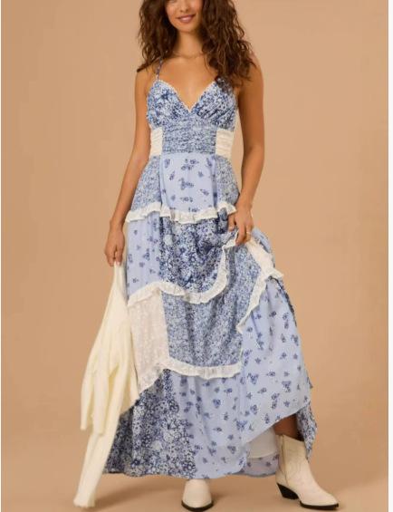 Women'S Sleeveless Suspender Digital Printing Long Dress Splicing Skirt