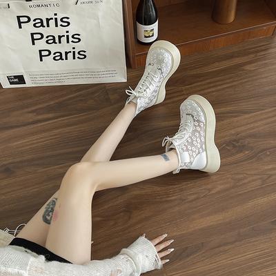 Мода 2025 Новые женские сандалии Толстая подошва Кружево Сетка Шнуровка Вышивка Женские ботинки Платье Лес Противоскользящая подошва Дышащие Zapatillas