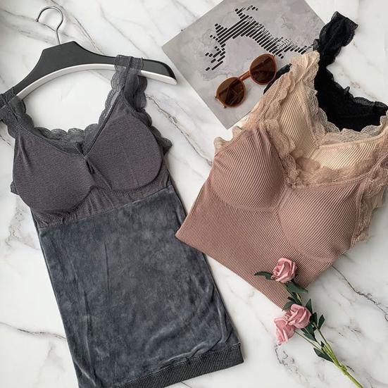Women Vest V-Neck Sleeveless Padded Underwear Vest Solid Color Lace Trim Elastic Bottom Vest Winter Daily Wear
