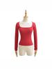 Korean Square Neck Slimming Long Sleeve T-Shirt with Chest Pads and Waist-Cinching Design for Women - Spring/Autumn