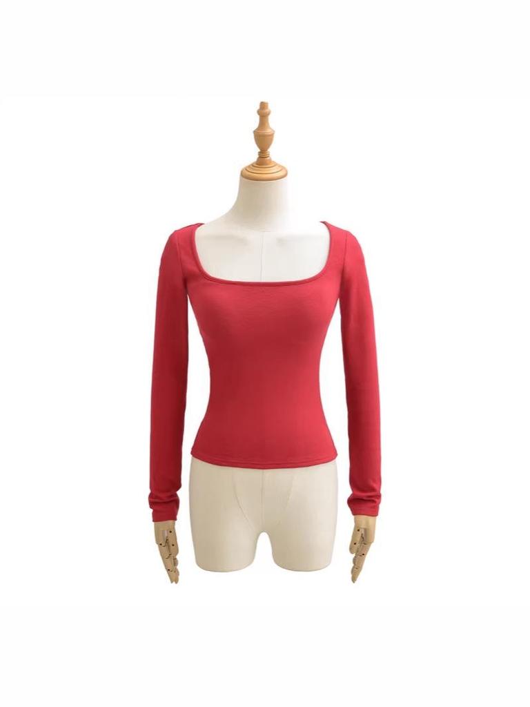 Korean Square Neck Slimming Long Sleeve T-Shirt with Chest Pads and Waist-Cinching Design for Women - Spring/Autumn