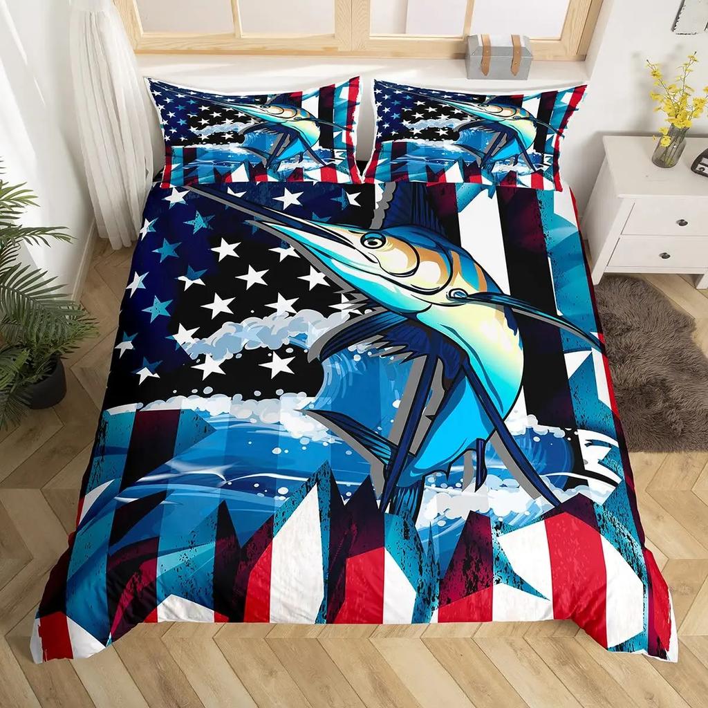Marlin Swordfish Duvet Cover Set Hunting Fishing Bedding Set Tie Dye Sea Fishing Boat Marine Life Nautical Comforter Cover Queen