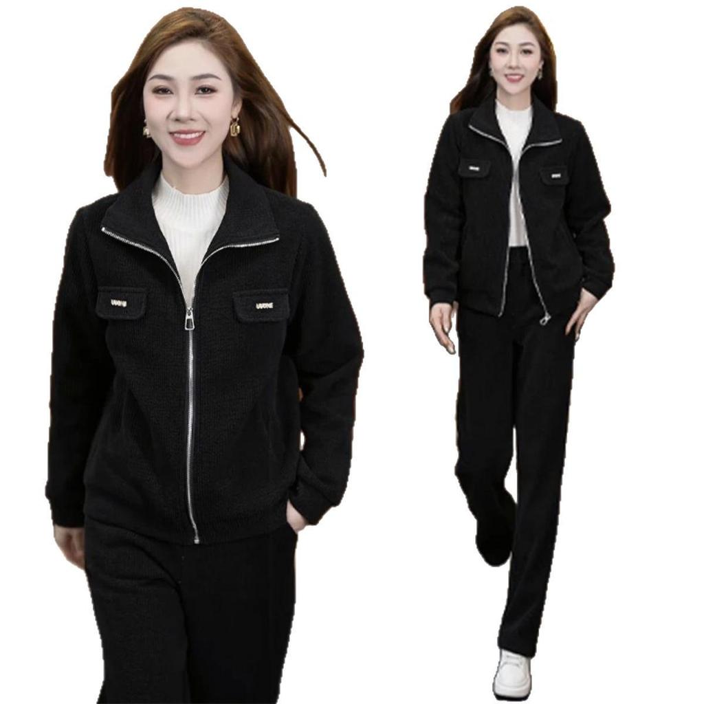 Women's Fleece-Lined Fashion Set: Trendy Stand-Up Collar Coat & Warm Long Pants for Autumn/Winter