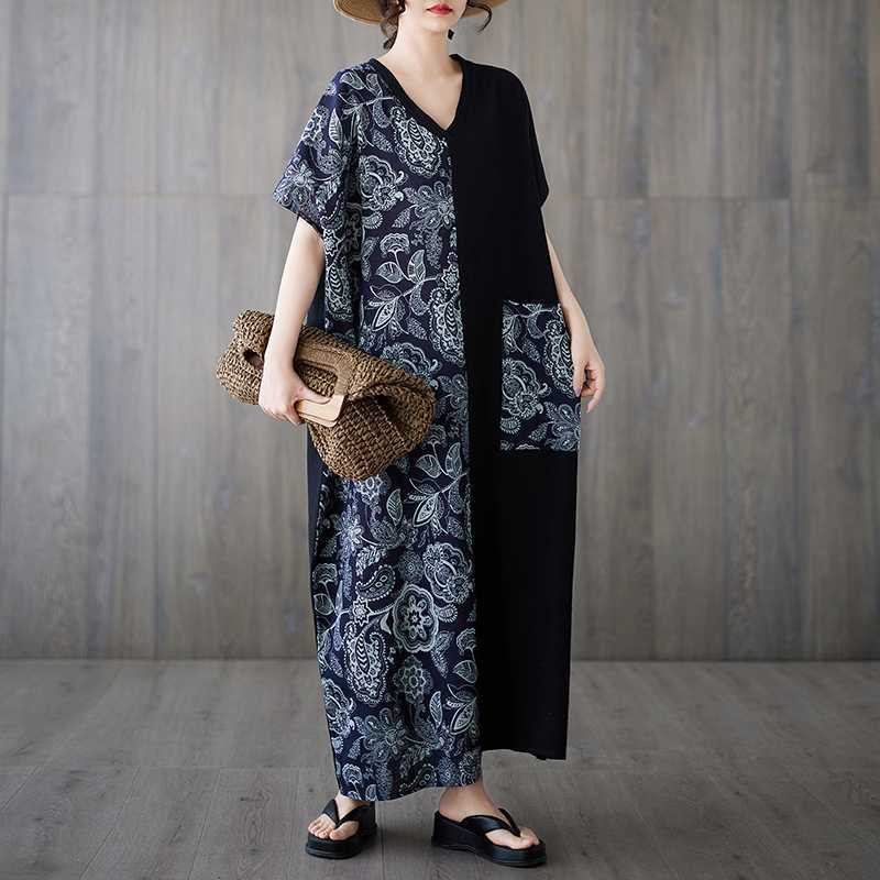 Cotton and Linen Retro Slimming Short Sleeved Color Blocked Dress for Women